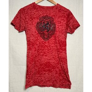 Sinful by Affliction Y2K Womens Red Burnout Graphic T-Shirt Angel Wings Crest XL